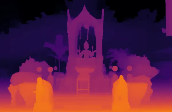 An AI-generated monocular depth map of a Thai Buddhist shrine / temple.
